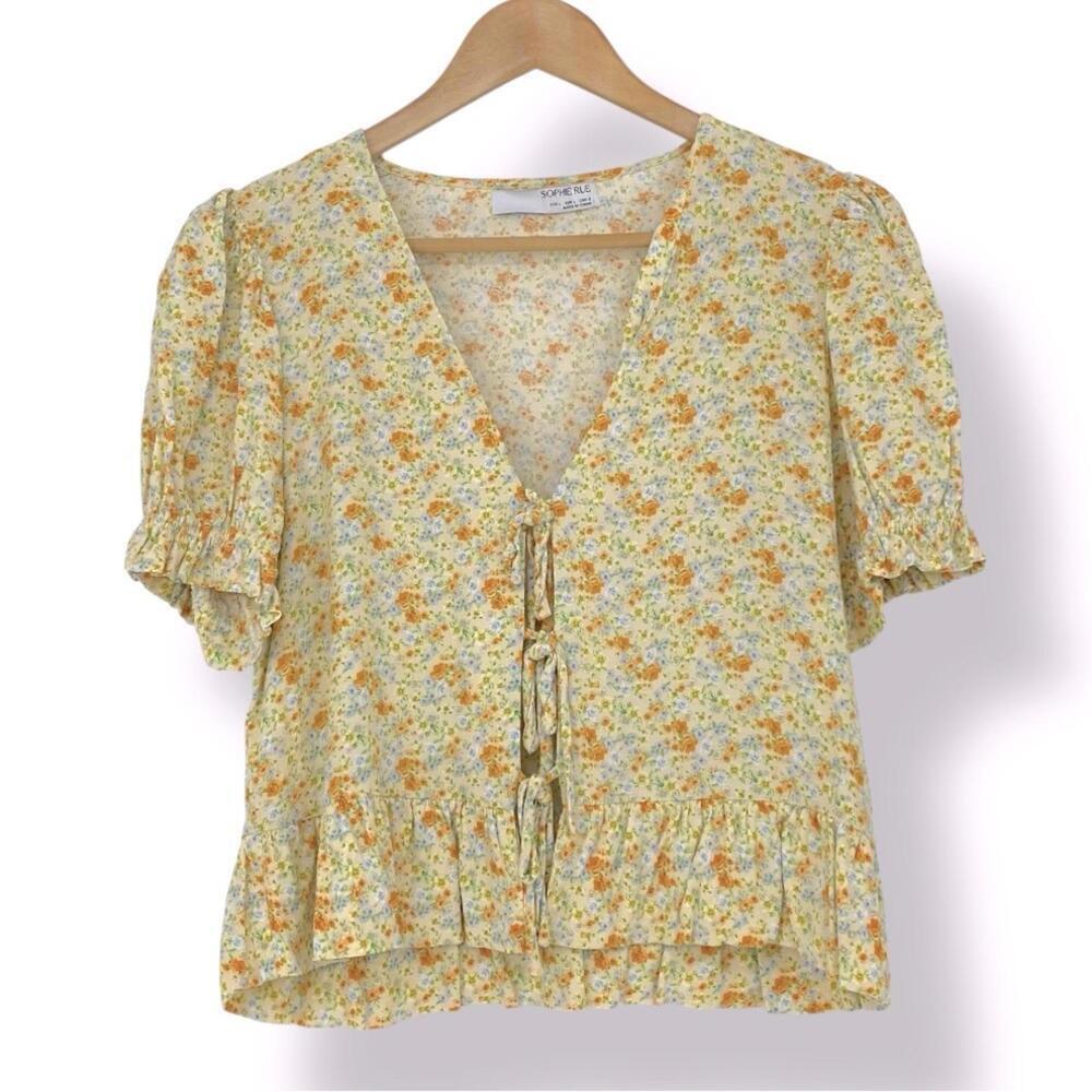 Sophie Rue Cottage Core Floral Pastel Butter Yellow Tie Front Blouse Sz Large